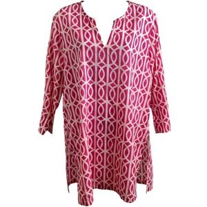 VTG Gretchen Scott Bright Pink Whiter Greek Key Print Cotton Tunic Top Women's M